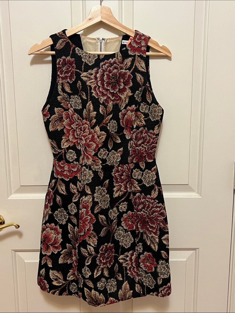 Alice + Olivia Black Mini Dress with Red and Gold Floral Jacquard